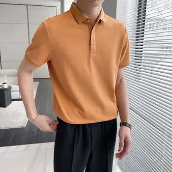 Летняя деловая дышащая эластичная рубашка Поло Slim Fit из 11 цветов с коротким рукавом, новинка 2023, футболка из высококачественной ткани, футболка