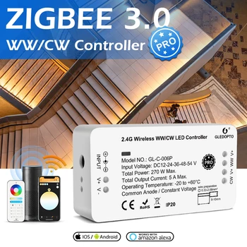 Контроллер светодиодной ленты Zigbee 3.0 GLEDOPTO Pro WW/CW постоянного тока 12-54 В, Совместимый с приложением Hub Bridge для мобильного телефона, Дистанционное голосовое управление