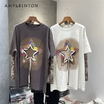 Осенняя новинка 2023, Креативная модная Сшитая Поддельная футболка из двух частей с длинными рукавами в корейском стиле, универсальные футболки для пригородных поездок