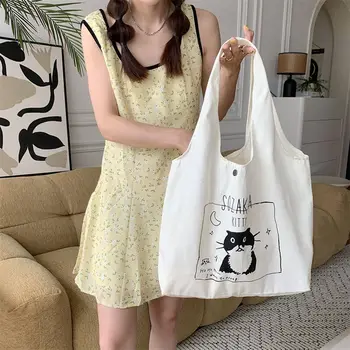Холщовая сумка-тоут с животными и котом, Элегантная сумка-тоут в стиле Ins с мультяшным принтом Большой Емкости для Покупок