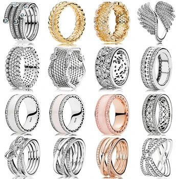 Высококачественное оригинальное кольцо из 100% стерлингового серебра 925 пробы с выгравированным логотипом, соты, волнистые, Вплетенный в Любовь бант, блестящие кольца